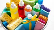 a bundle of cleaning supplies as closing gifts for new home buyers