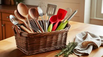 kitchen utensils in a gift basket as closing gifts for new home buyers